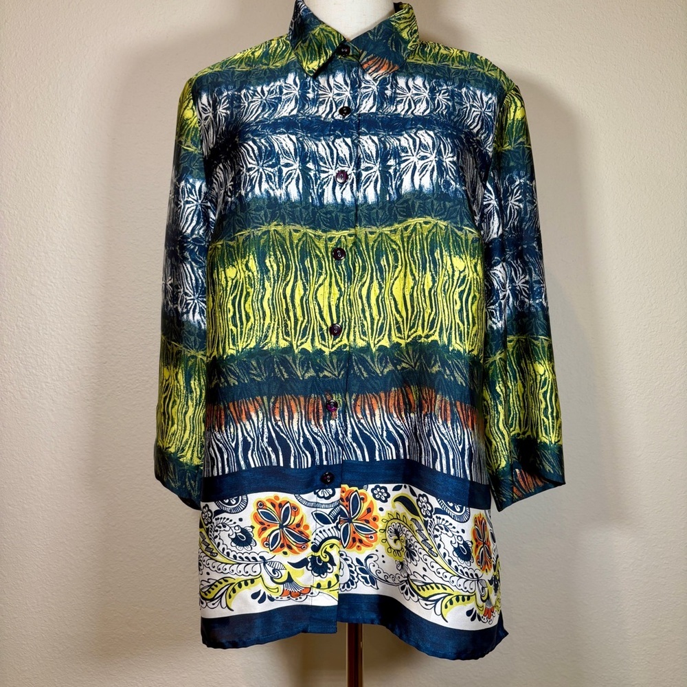 Koret Blue and Yellow Flowy Patterned Button Down Shirt Size Medium